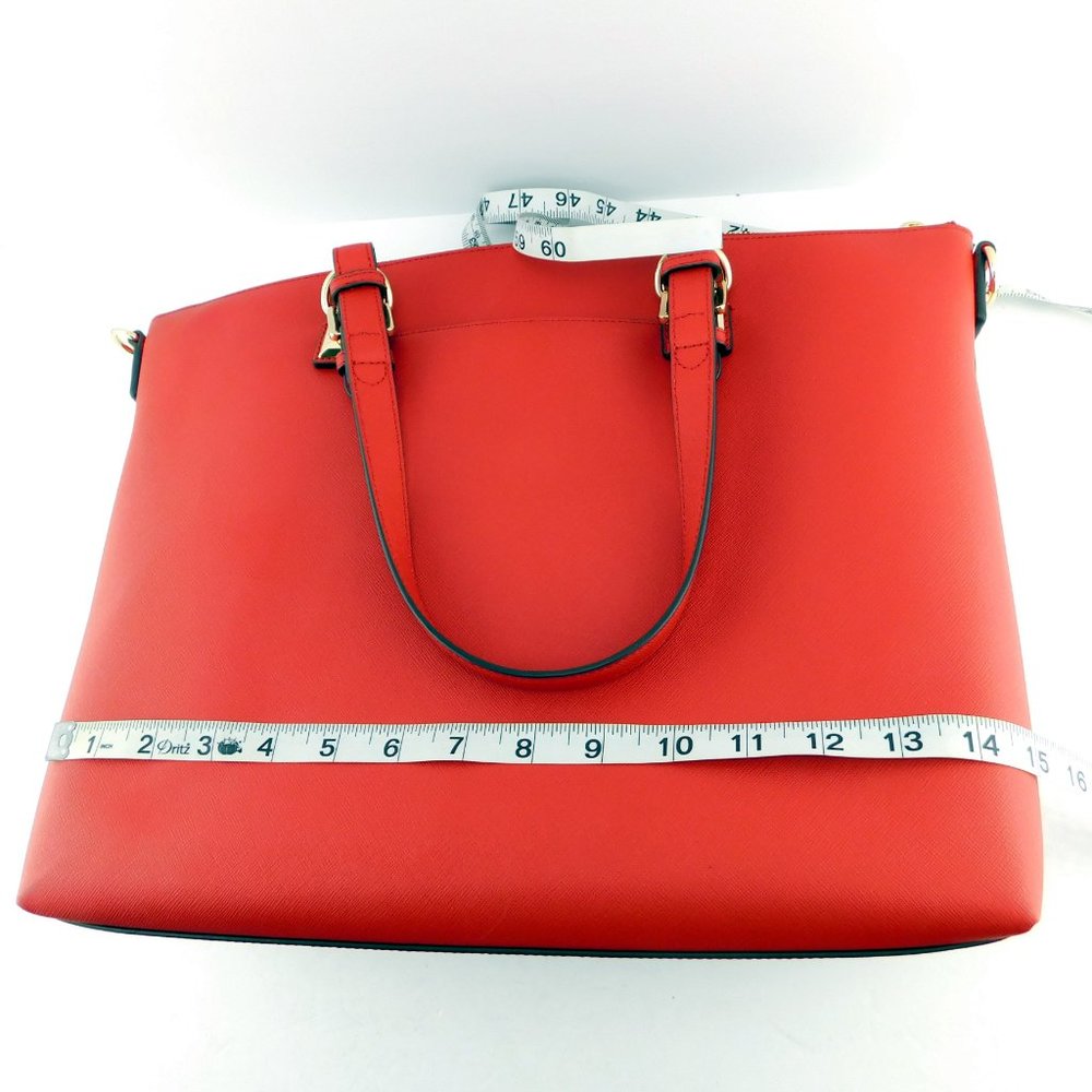 New MICHAEL KORS MK Logo Red Leather Satchel Tote Shoulder Strap Large Bag - Picture 10 of 11
